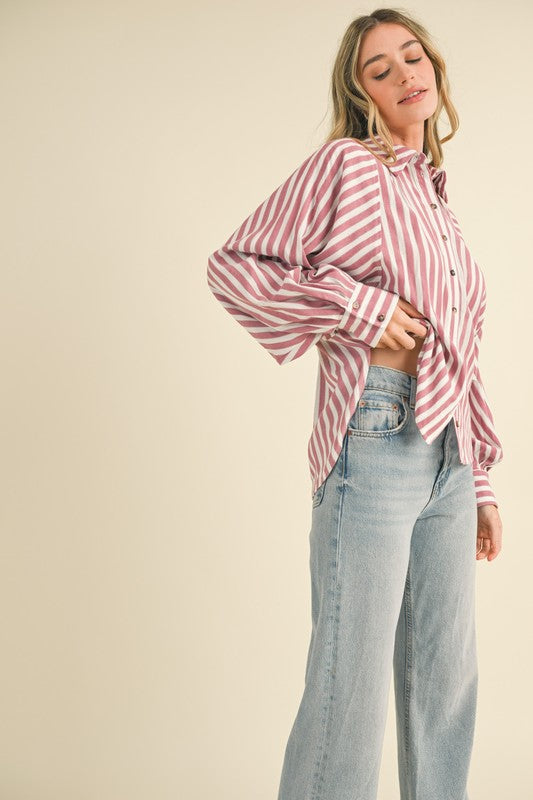 STRIPED BUTTON DOWN BATWING SLEEVE TOP