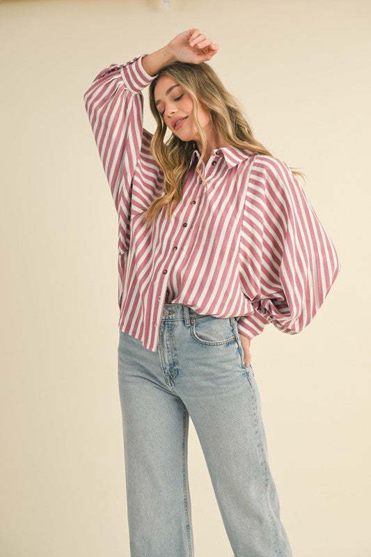 STRIPED BUTTON DOWN BATWING SLEEVE TOP