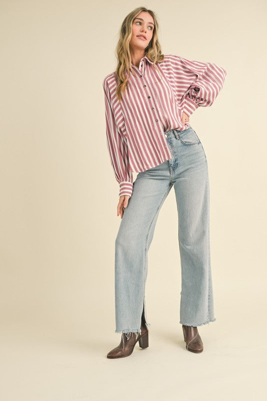 STRIPED BUTTON DOWN BATWING SLEEVE TOP