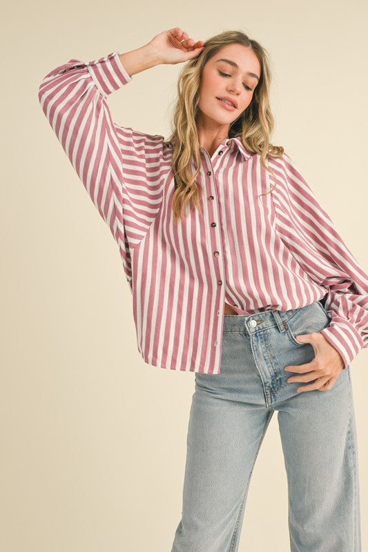 STRIPED BUTTON DOWN BATWING SLEEVE TOP