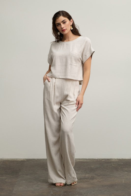 LINEN SHORT FOLD SLEEVE BOXY CUT TOP