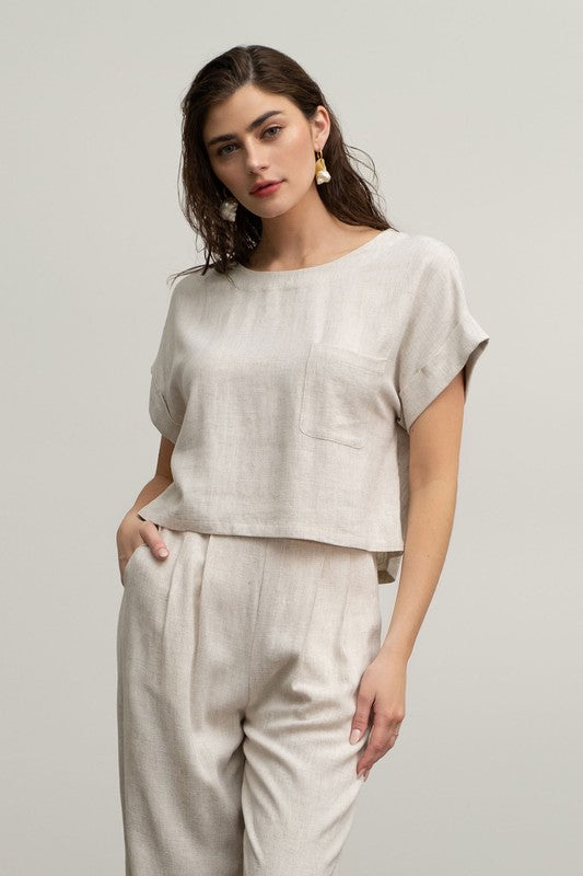 LINEN SHORT FOLD SLEEVE BOXY CUT TOP