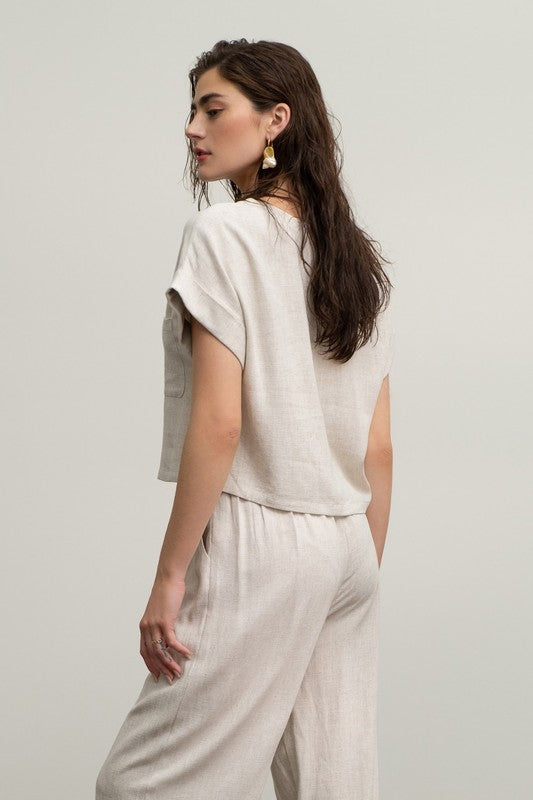 LINEN SHORT FOLD SLEEVE BOXY CUT TOP