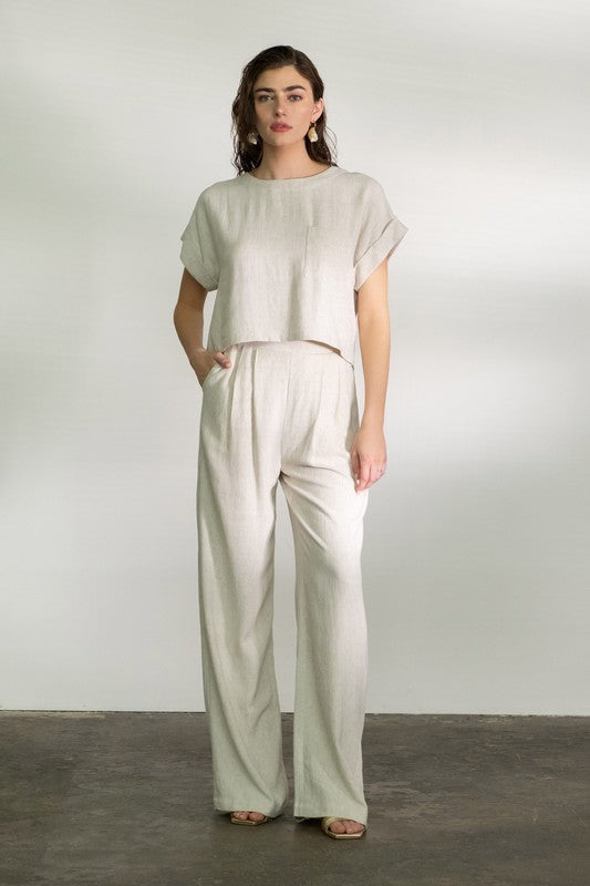 LINEN SHORT FOLD SLEEVE BOXY CUT TOP
