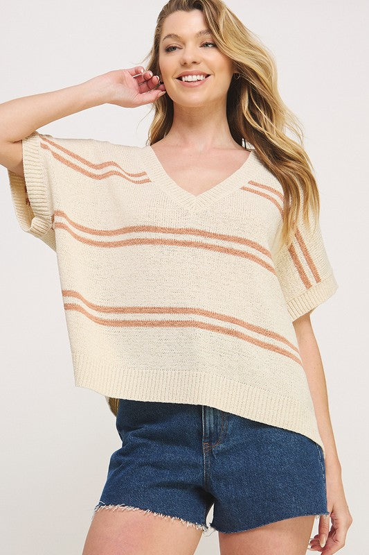 TEXTURED STRIPE V-NECK SWEATER TOP