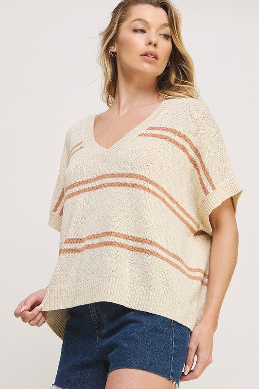 TEXTURED STRIPE V-NECK SWEATER TOP