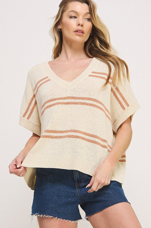 TEXTURED STRIPE V-NECK SWEATER TOP