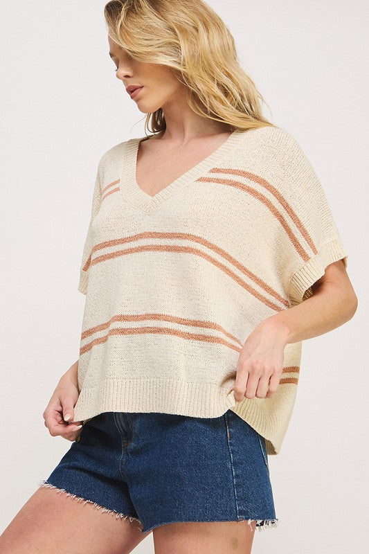 TEXTURED STRIPE V-NECK SWEATER TOP