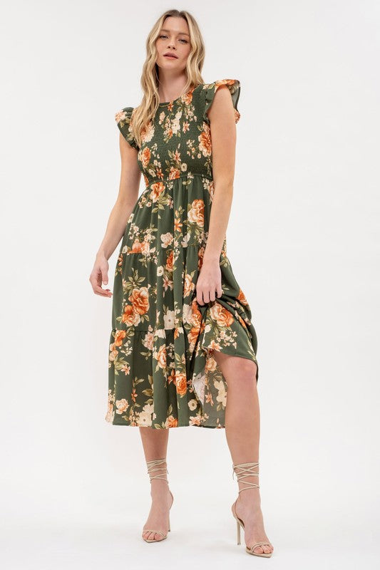 SMOCKED TIERED FLORAL MIDI DRESS