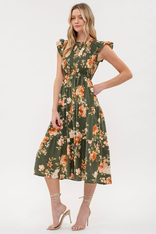 SMOCKED TIERED FLORAL MIDI DRESS