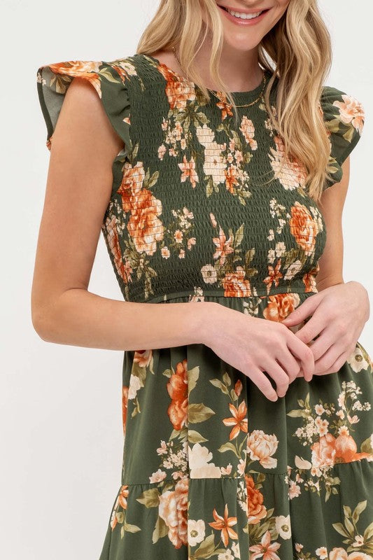 SMOCKED TIERED FLORAL MIDI DRESS