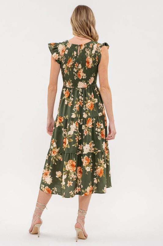 SMOCKED TIERED FLORAL MIDI DRESS