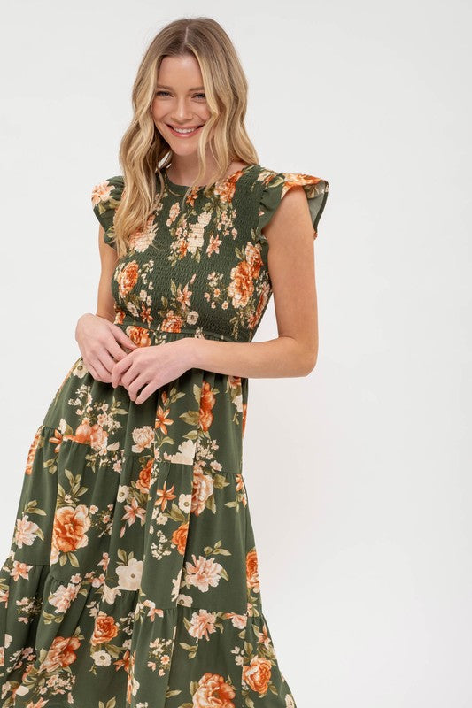 SMOCKED TIERED FLORAL MIDI DRESS