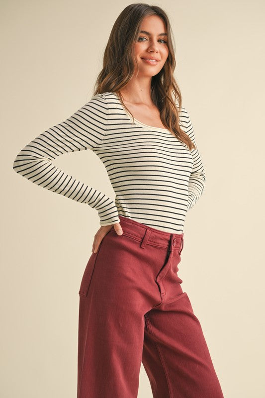 MIOU MUSE | STRIPED LONG SLEEVE KNITTED TOP