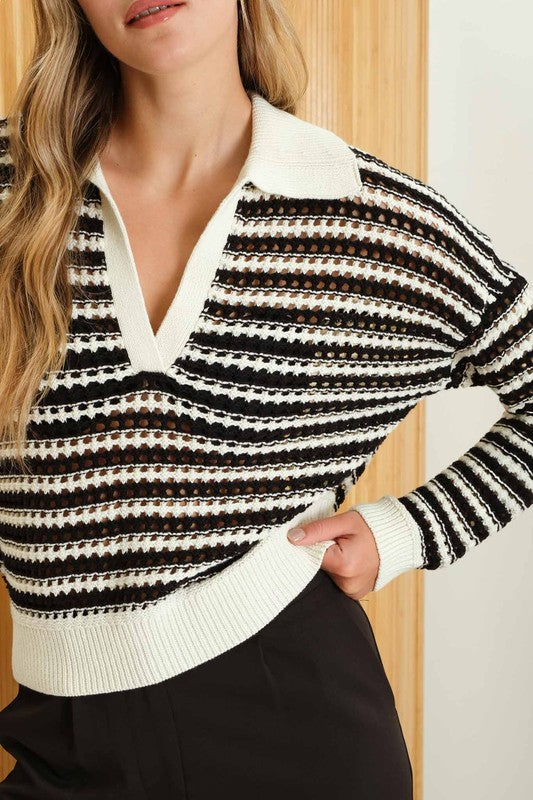 PREMIUM LINE | COLLARED LONG SLEEVE CROCHET KNIT SWEATER