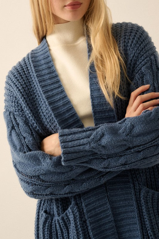 PROMESA | RIB KNIT OPEN FRONT CABLE KNIT CARDIGAN | RESTOCKED