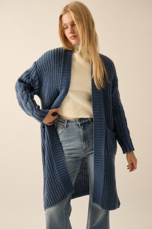 PROMESA | RIB KNIT OPEN FRONT CABLE KNIT CARDIGAN | RESTOCKED