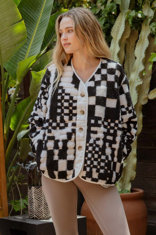 CHECKERED V NECK BUTTON DOWN FLEECE JACKET