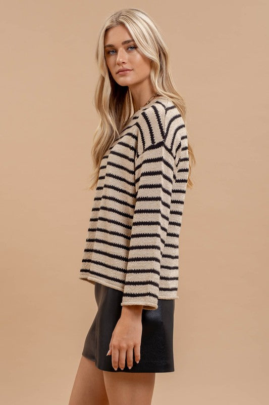 STRIPE BOAT NECK DROP SHOULDER KNIT SWEATER