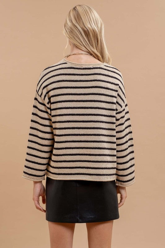 STRIPE BOAT NECK DROP SHOULDER KNIT SWEATER