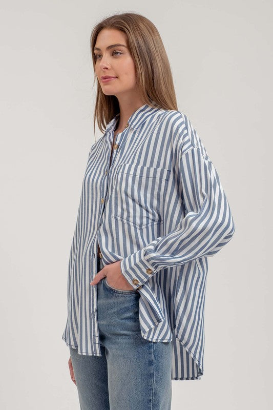 STRIPE COLLARED BUTTON DOWN LONG SLEEVE SHIRT