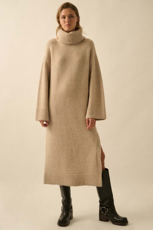 COWL NECK MIDI SWEATER DRESS