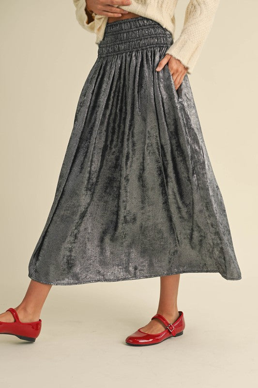 METALLIC FABRIC SMOCKING WAIST SKIRT