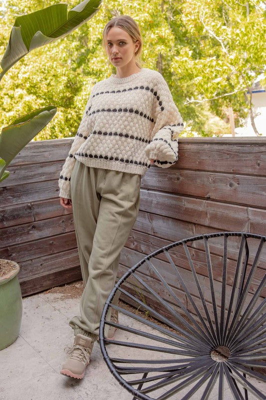 STRIPE OVERSIZED BALLOON SLEEVE KNIT SWEATER