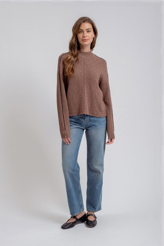 MOCK NECK CONTRAST SEAM KNIT PULLOVER