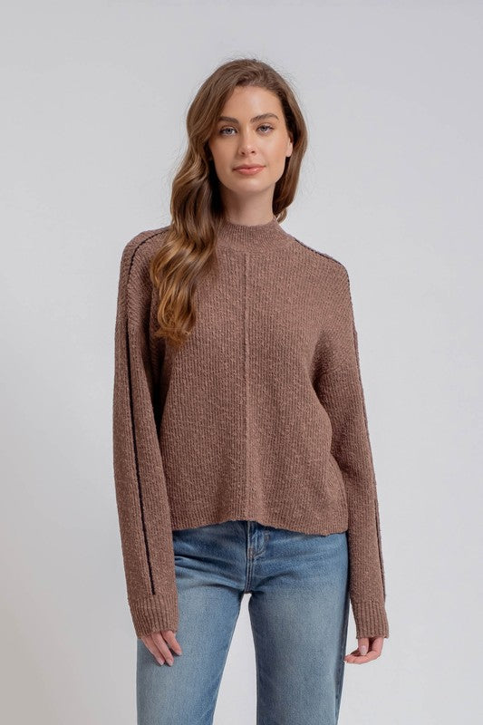 MOCK NECK CONTRAST SEAM KNIT PULLOVER