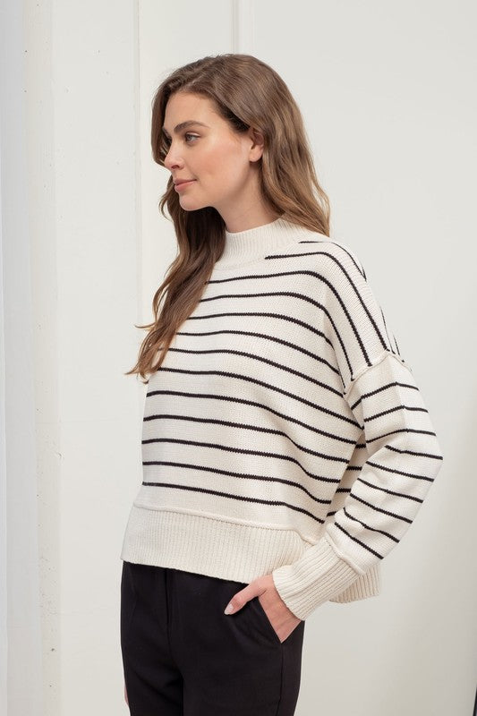 STRIPE MOCK NECK SIDE SPLIT KNIT PULLOVER SWEATER