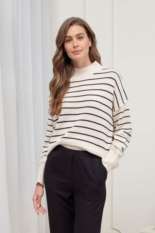 STRIPE MOCK NECK SIDE SPLIT KNIT PULLOVER SWEATER