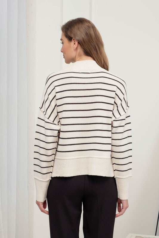 STRIPE MOCK NECK SIDE SPLIT KNIT PULLOVER SWEATER