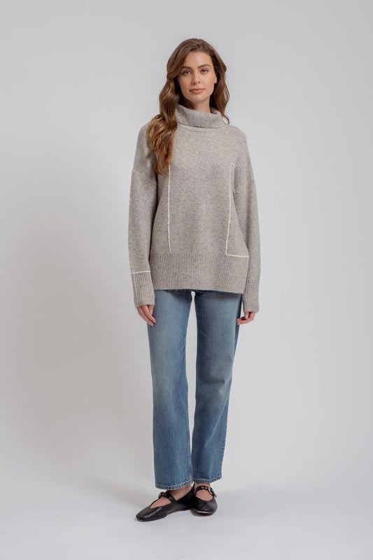 TURTLENECK CONTRAST LINE DETAILS KNIT SWEATER