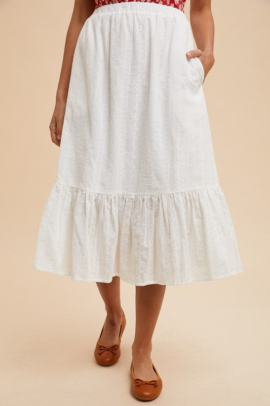 EYELET RUFFLE MIDI SKIRT