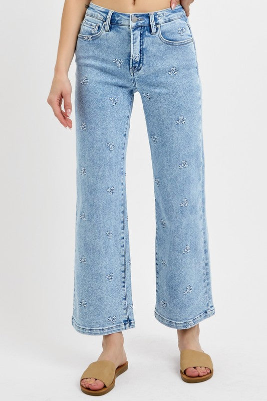 BY RISEN | HIGH RISE CROP EMBROIDERED JEANS