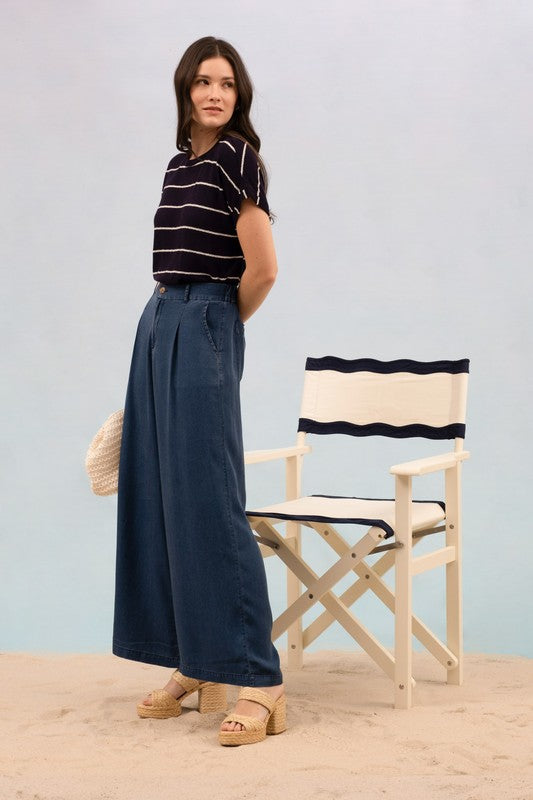 DARK CHAMBRAY PINTUCK DETAIL WIDE LEG PANTS