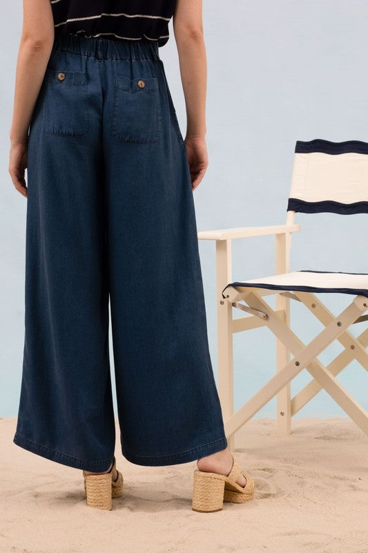 DARK CHAMBRAY PINTUCK DETAIL WIDE LEG PANTS