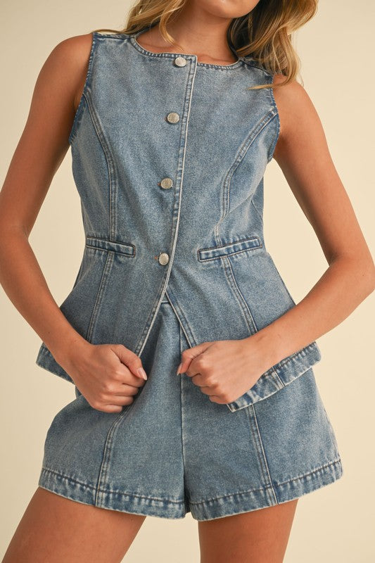 DENIM VEST TOP AND SHORTS SET