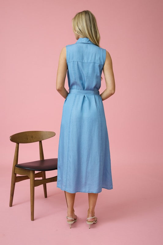 COLLARED SLEEVELESS BELTED CHAMBRAY MIDI DRESS