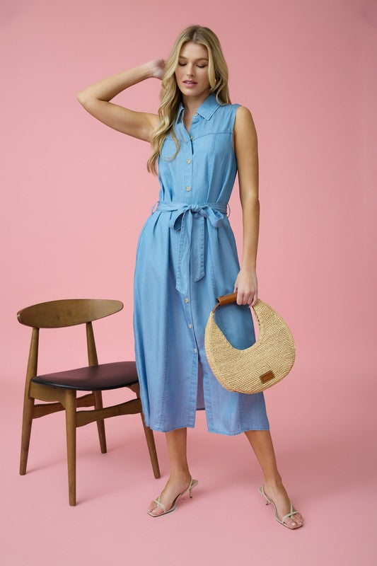 COLLARED SLEEVELESS BELTED CHAMBRAY MIDI DRESS