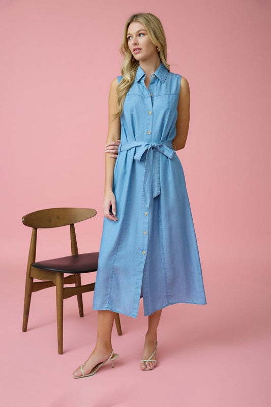 COLLARED SLEEVELESS BELTED CHAMBRAY MIDI DRESS