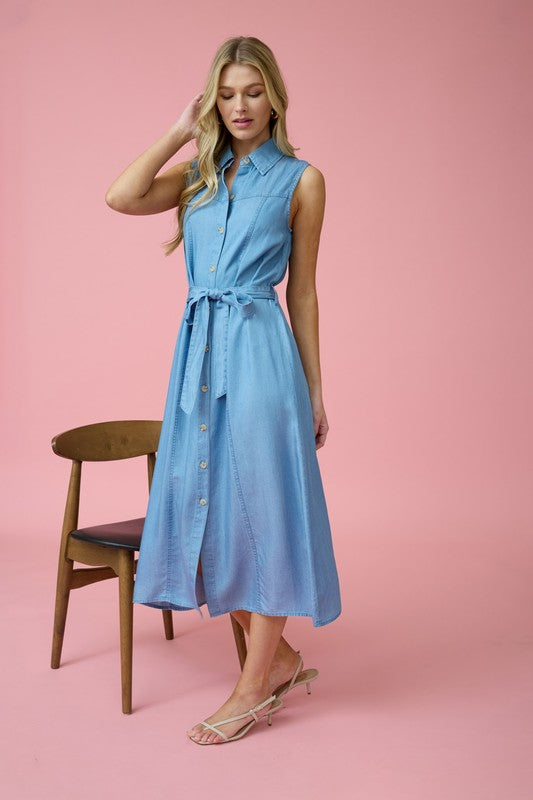 COLLARED SLEEVELESS BELTED CHAMBRAY MIDI DRESS