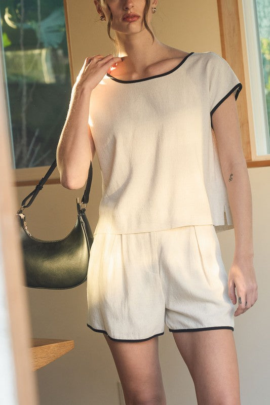 CONTRAST TRIM LINEN TOP AND SHORTS SET