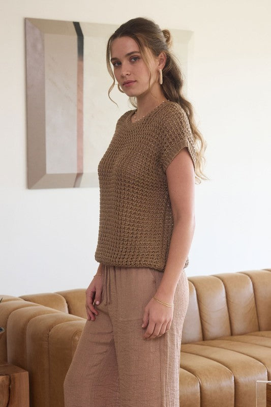 CROCHET KNIT BATWING SHORT SLEEVE SWEATER TOP