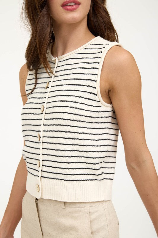 STRIPE RAW EDGE BUTTON DOWN CARDIGAN VEST