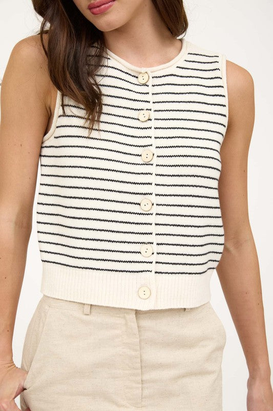 STRIPE RAW EDGE BUTTON DOWN CARDIGAN VEST