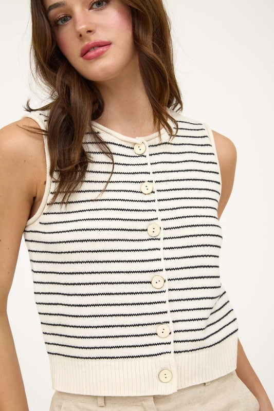 STRIPE RAW EDGE BUTTON DOWN CARDIGAN VEST