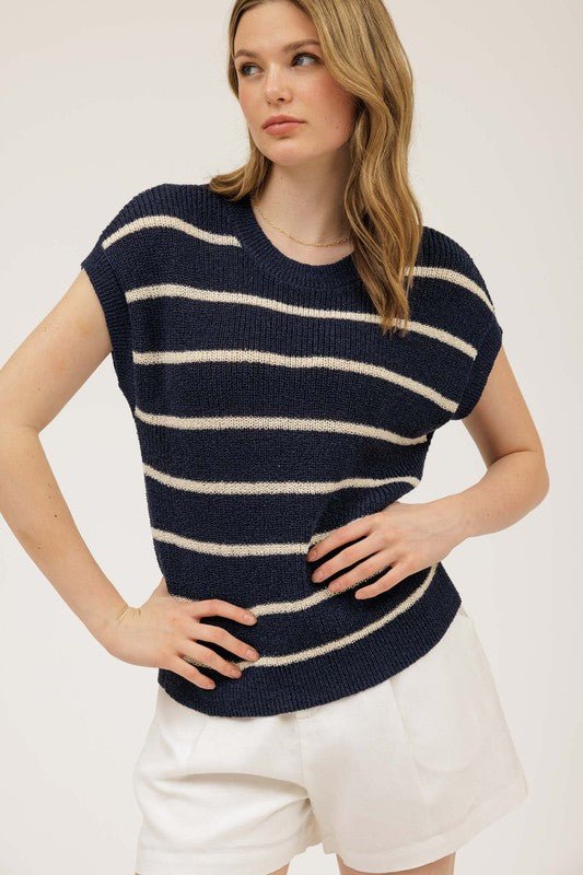 STRIPE EXTENDED SHOULDER KNIT SWEATER