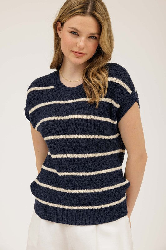 STRIPE EXTENDED SHOULDER KNIT SWEATER